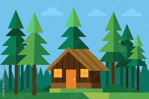 A cozy cartoon scene of a pine forest with a wooden hut vector illustration