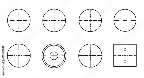 Collection of simple black crosshair and geometric shapes on white background
