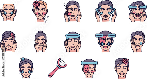 Outline Minimalist Facial Beauty Treatment and Skin Care Routine Icon Set