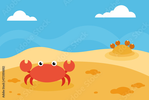 A lively cartoon scene of a sandy beach with crabs vector illustration