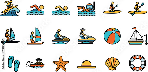 Outline Colorful Watersport Activity and Beach Holiday Element Icon Collection