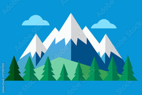 A simple cartoon of a pine ridge with snowy peaks vector illustration