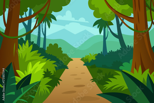 A simple cartoon of a rainforest path with vines vector illustration