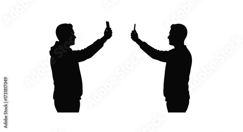 Silhouettes of two men facing each other each holding a phone up