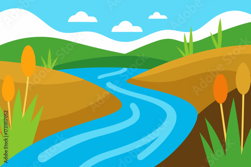 A beautiful cartoon scene of a river delta with reeds vector illustration