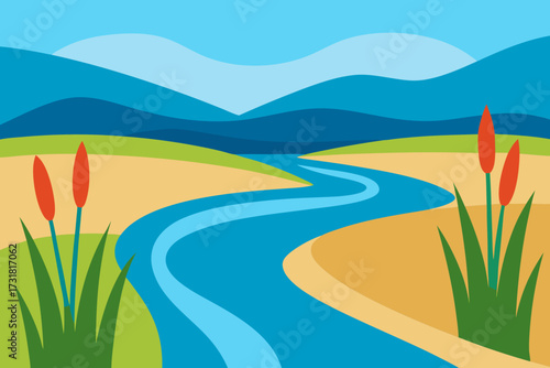 A cartoon illustration of a river delta with reeds vector illustration