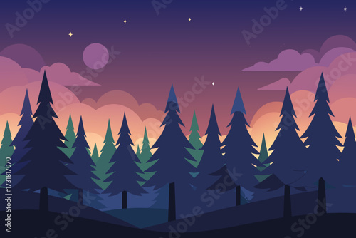 A cartoon illustration of a pine forest at twilight vector illustration