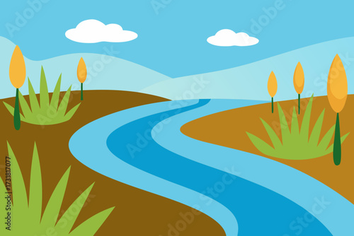 A simple cartoon of a river delta with reeds vector illustration