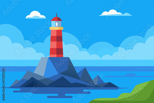 A cartoon illustration of a rocky shore with a lighthouse vector illustration