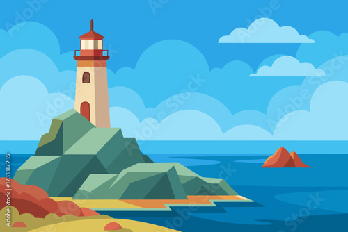 A simple cartoon of a rocky shore with a lighthouse vector illustration