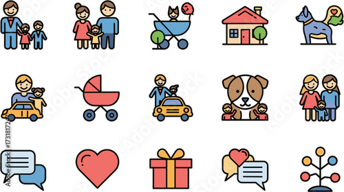 Flat Style Happy Family and Lifestyle Icon Set Collection Design