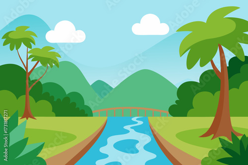 A simple cartoon of a rainforest river with a bridge vector illustration