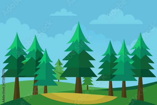 A cartoon illustration of a pine forest clearing vector illustration