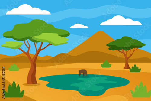 A cartoon illustration of a savanna with a watering hole vector illustration