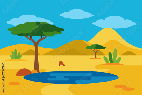 A lively cartoon scene of a savanna with a watering hole vector illustration