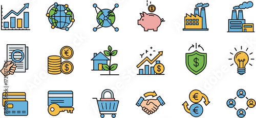 Colorful Modern Business and Finance Icon Set for Digital Marketing Design
