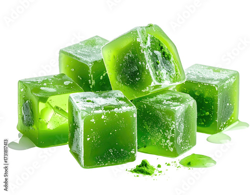 Pile of vibrant green, iced cubes