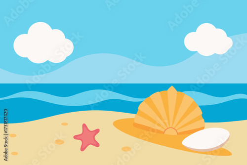 A beautiful cartoon scene of a seashore with seashells vector illustration