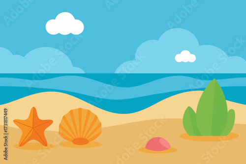 A cartoon illustration of a seashore with seashells vector illustration
