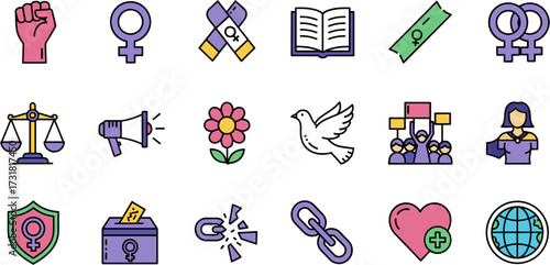 Modern Feminism Related Thin Line Style Pictogram Symbol Icon Set