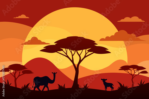 A cartoon illustration of a savanna sunset with silhouettes vector illustration