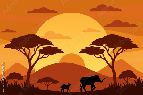 A beautiful cartoon scene of a savanna sunset with silhouettes vector illustration