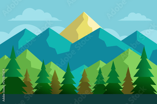 A majestic cartoon scene of a pine forest with mountains vector illustration