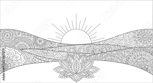Minimalist Zen Landscape Patterned Hills and Sun Adult Coloring Sheet