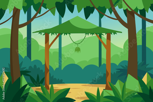 A lush cartoon scene of a rainforest canopy with vines vector illustration