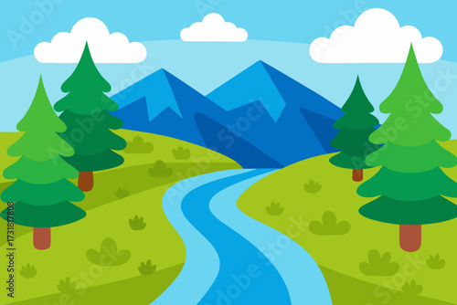 A cartoon illustration of a river flowing through a forest vector illustration