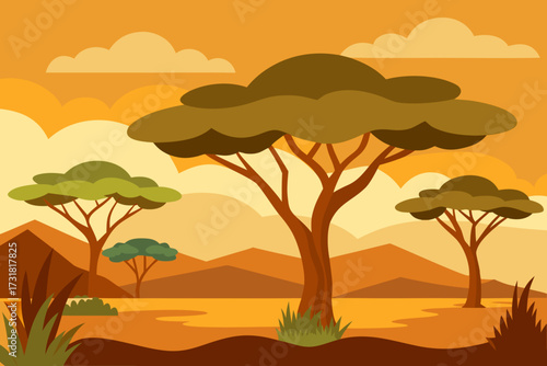 A simple cartoon of a savanna with acacia trees vector illustration