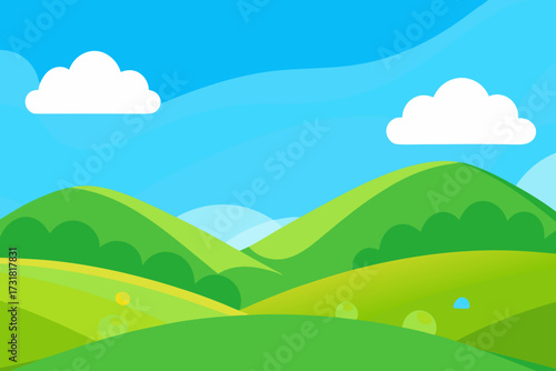 A beautiful cartoon scene of rolling green hills with a blue sky vector illustration