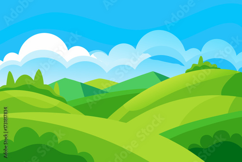 A cartoon illustration of rolling green hills with a blue sky vector illustration