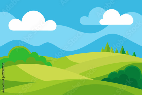 A simple cartoon of rolling green hills with a blue sky vector illustration