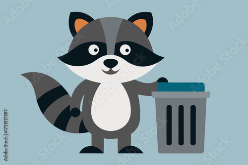 A mischievous cartoon scene of a raccoon with a trash can vector illustration