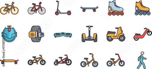 Colorful Outline Various Rideable Vehicle and Equipment Transportation Icon Illustration