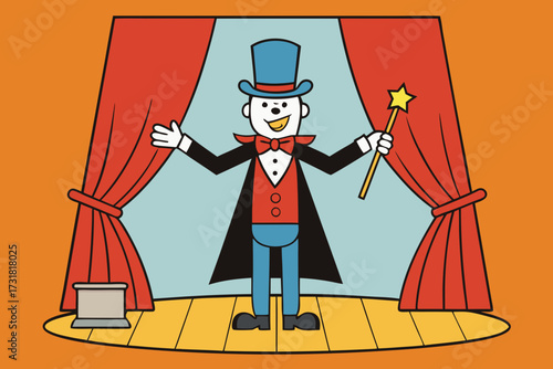 A grand cartoon scene of a magician's stage vector illustration