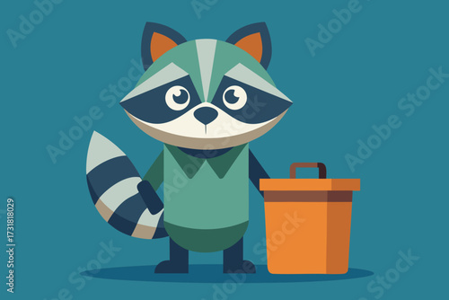 A cartoon illustration of a raccoon with a trash can vector illustration
