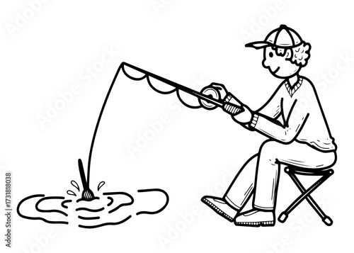 Fisherman with fishing rod. Hand drawn doodle vector. Man sitting on chair catching fish. Fishing, camping. Rest on lake, river. Spinning, hook, float. Illustration line art.