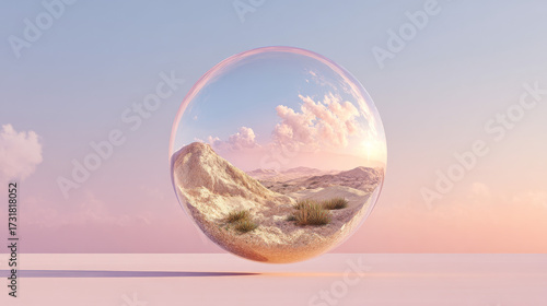 Floating glass sphere with a small desert landscape inside, against a soft pastel background