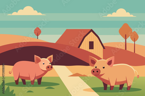 A cartoon illustration of pigs on a farm vector illustration