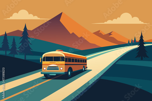 A cartoon illustration of a school bus on a road vector illustration