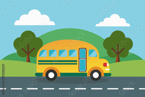 A simple cartoon of a school bus on a road vector illustration