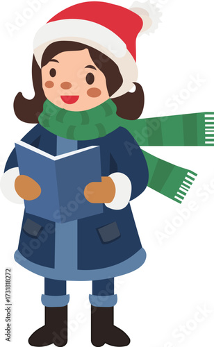 Cheerful girl caroling in winter wearing a red hat and green scarf spreading holiday cheer, perfect for greeting cards and festive designs