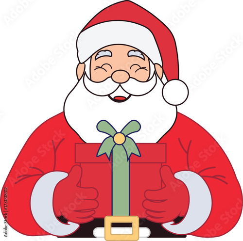 Jolly Santa Claus holding Christmas present with cheerful smile spreading holiday joy, perfect for festive greeting cards and seasonal promotions