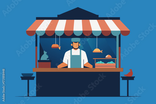 A cartoon illustration of a seafood stall vector illustration