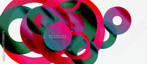 Abstract colorful shapes overlap. Dynamic composition creates modern visual effect. Gradient hues blend smoothly, forming vibrant design.