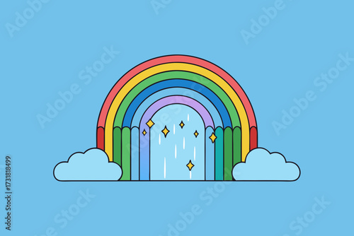 A beautiful cartoon background of a magical rainbow waterfall vector illustration