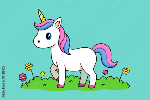 A beautiful cartoon background of a magical unicorn meadow vector illustration
