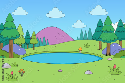 A beautiful cartoon background of a magical forest lake vector illustration